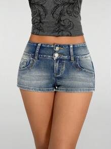 SHEIN PETITE Women's Slim Fit Retro Fashion Versatile Denim Shorts, Summer - Medium Wash - View 1