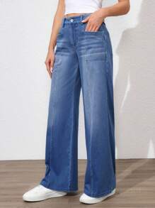 Flexra Women's Casual Loose Patchwork Pocket Wide Leg Denim Pants