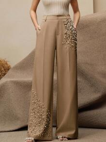 Anewsta Elegant Women Press Crease Faux Pearl Decor Pocket Long Pants, Modern & Fashion - Khaki - View 5
