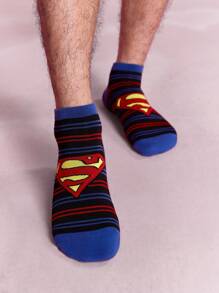 SUPERMAN X SHEIN 3 Pairs Breathable Moisture Wicking Men's Short Socks, Reinforced Toe & Heel For Durability, Suitable For All Seasons, Spring/Summer/Autumn/Winter, Black & Gray Striped