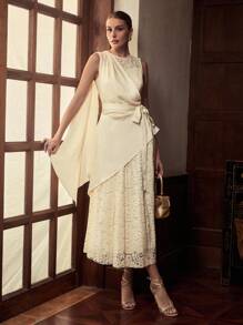 ZEYLAH CONTRAST LACE KNOT DRESS - Apricot - View 5