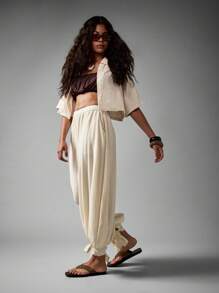 AiiRZ Quần Harem ống rộng có dây rút buộc mắt cá chân vải gạc lễ hội bãi biển nghỉ dưỡng mùa hè đồ mặc nhà phong cách Palazzo Bohemian thoải mái rộng rãi - trắng - Xem 5