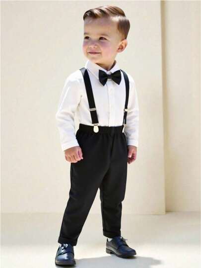 SHEIN 3pcs Baby Boy Formal Gentleman Outfit: White Collar Long Sleeve Shirt With Bowknot, Elastic Waist Suspender Pants And Gentleman Hat, Fashionable And Stylish, Suitable For Birthday Party, Evening Party, Wedding, Wedding Guest, Ring Bearer, Page Boy, Spring & Autumn, Best Choice For 6 Months To 3 Years Old Boys, Infant Wedding Gentleman Set Back To School Season Fall Winter
