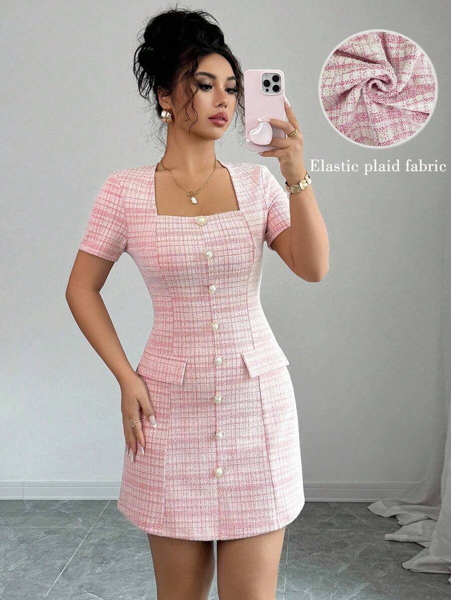 Elenzga 女式仿珍珠纽扣设计格子短袖优雅迷你连衣裙