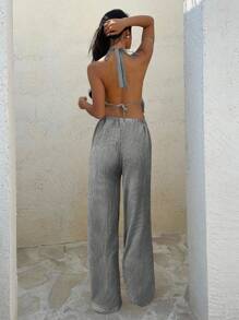 Aloruh Women's Sexy Vacation Style Gingham Print Backless Tie Front Crop Tank Top And Loose Drawstring Waist Wide Leg Pants 2 Pieces Set - Black and White - View 2