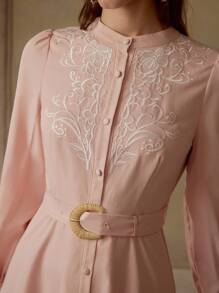 MOTF PREMIUM EMBROIDERY BUTTON UP DRESS - Pink - View 4