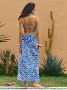 The White Lotus Swim Vcay 3pcs/Set Summer New Random Print Fashion Bikini Swimsuit & Beach Cover Up Skirt Set - Blue - View 5
