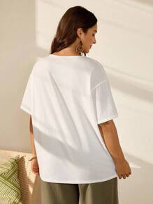 EMERY ROSE 大码女式纯色V领落肩短袖休闲棉质衬衫 - 白色 - 查看 2