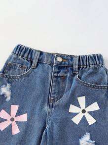 Denimly Girls Casual Daily Urban Street Cute Print Decor Distressed Design Simple Versatile Denim Jeans, Cute Jeans For Kids Flower Jeans, Cute Baggy Jeans