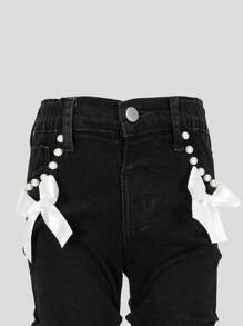 SHEIN Young Girls' Fashionable Black Washed Denim Jeans, Ruched Flare Leg Skinny Fit, Stretchy & Comfortable Fabric, Decorated With White Bow & Pearl, Stylish For Cool Girls Fall Winter - Black - View 4