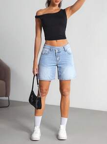 SHEIN Tall 女士休闲水洗不对称腰线牛仔短裤，夏季 - 淺色水洗藍 - 查看 5