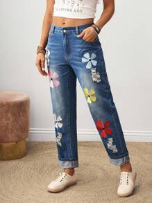 SHEIN Tall Damen Lässig Jeans mit besticktem Blumenmuster und Taschen