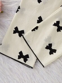 Sparklyn 2 件/套女孩青少年米色蝴蝶印花长袖开衫和裤子，舒适休闲家居服