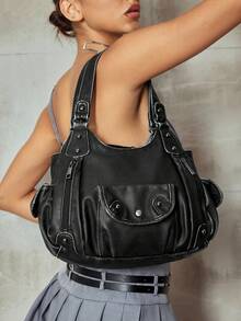 ROMWE Grunge Punk Túi đeo vai thiết kế khóa kéo phong cách Biker cổ điển dành cho nữ - màu đen - Xem 6