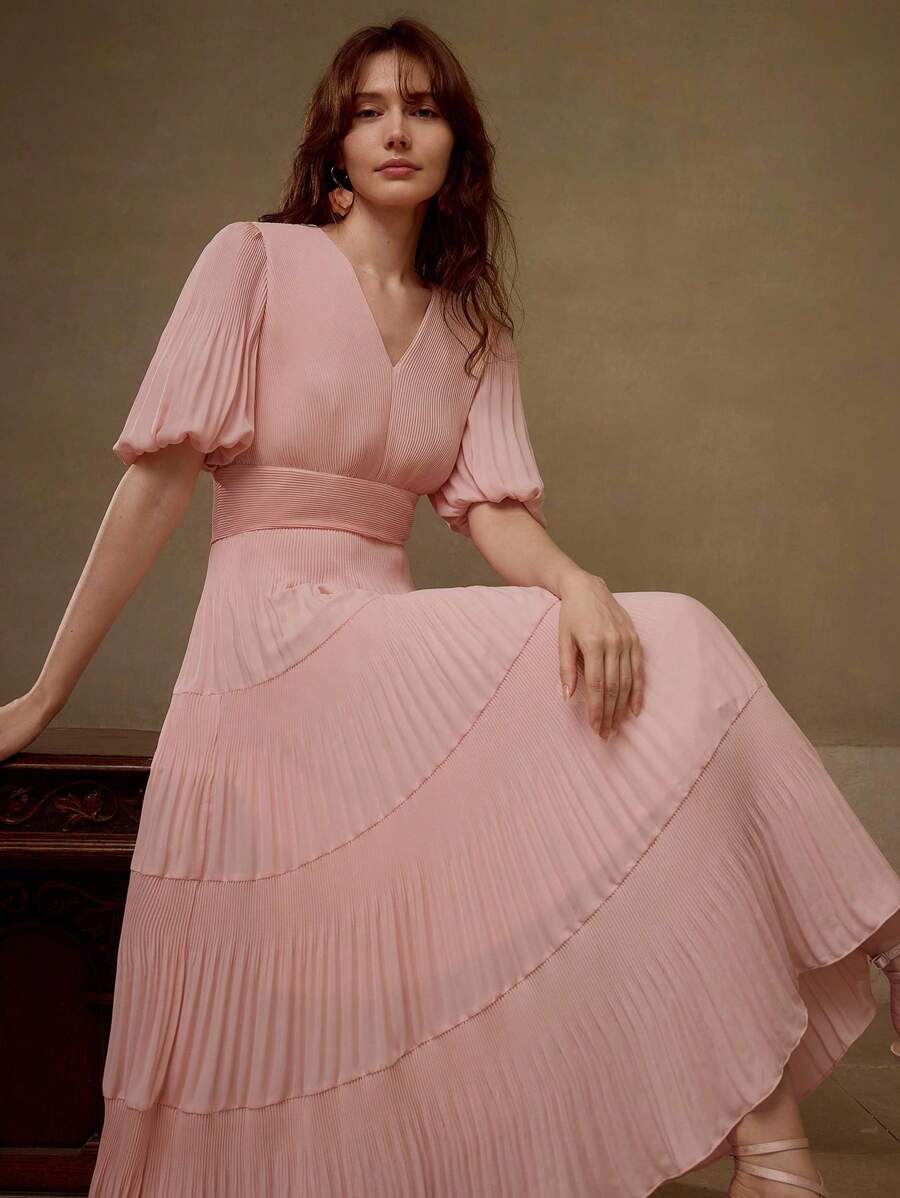 MOTF PREMIUM Vestido con cuello en V, manga abullonada y plisados - Rosa - Ver 1