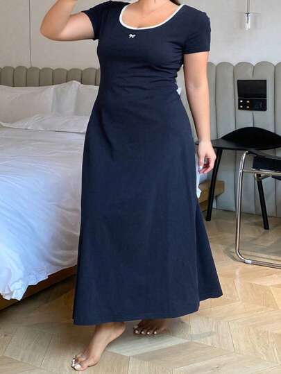 Dazy Plus Contrast Color Block Round Neck Short Sleeve Fitted Dress With Bow Embroidery, Long Nightgown Pajama