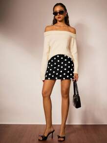 SHEIN Forever 21 女士夏季休闲圆点印花半身裙，办公室通勤装 - 黑色 - 查看 3