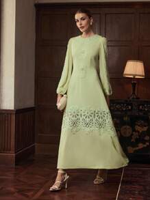 ZEYLAH Đầm ren tương phản cổ tròn tay dài thanh lịch cho nữ - màu xanh lá - Xem 5