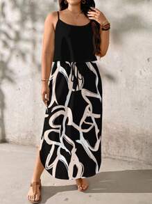 EMERY ROSE Plus Size Abstract Striped Pattern Printed Dress, Suitable For Summer Holiday Boho Suitable For Going Out,Holiday Outfits For Women Chic Dress - Black - View 3