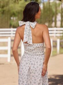 WESTFADE Đầm midi chữ A in họa tiết hoa nhỏ xinh xắn, cổ yếm, thắt nơ, lưng nhún, dáng suông, dễ thương, mùa hè, kỳ nghỉ bãi biển, buổi hòa nhạc đồng quê miền Tây ở Nashville - Nhiều màu - Xem 5