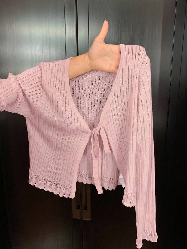 DAZY Damen Frühlings-/Herbst Cut Out Mesh Floral Spitzen Patchwork Schnürung Kordelzug gestrickter Cardigan Pullover