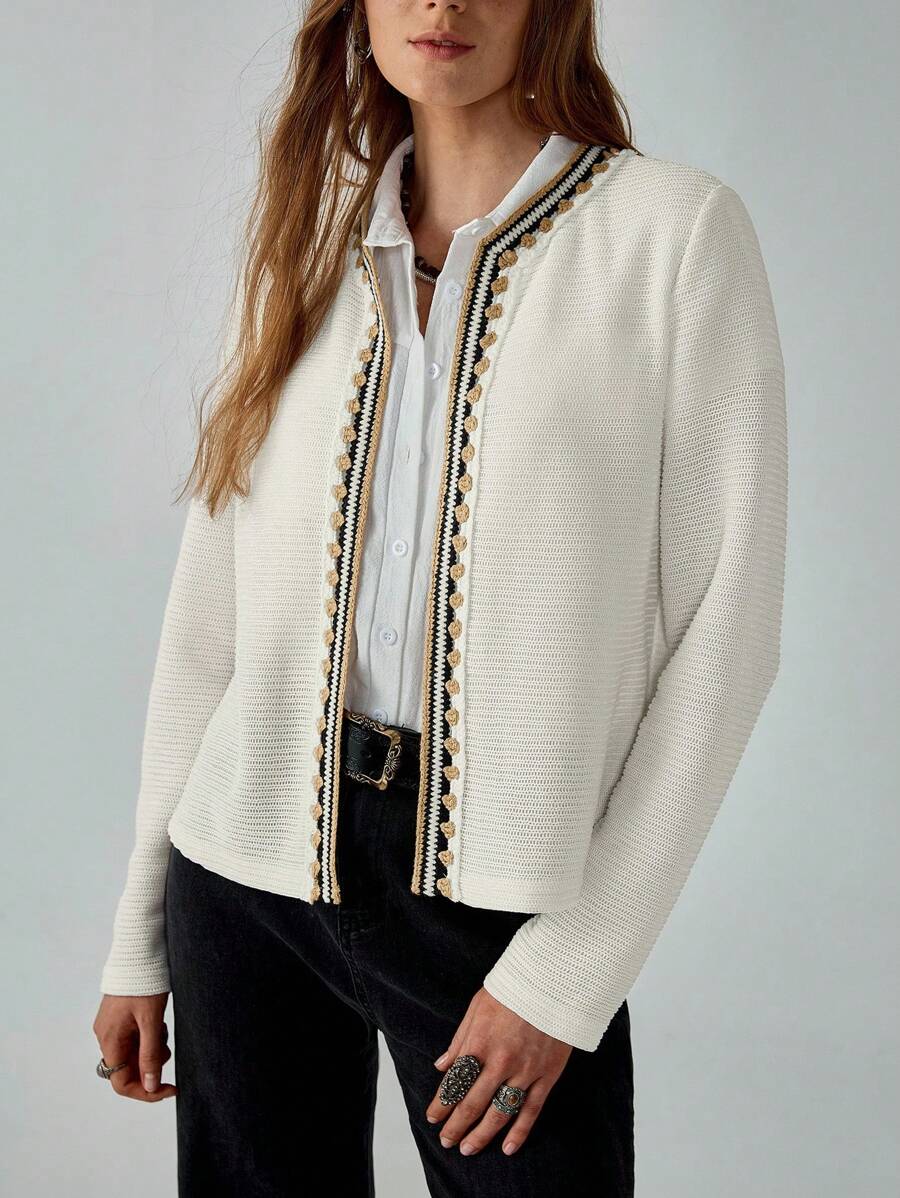 Chiquease Women's Elegant Lace Patchwork Off-White Cardigan,Bohemian Casual Lightweight Autumn Jacket,Office Wear Crochet Trim Fall Cloth For Leisure - Apricot - View 1