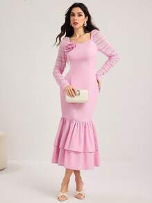 Modelyn Thời trang nữ Váy dài đến bắp chân họa tiết hoa 3D, Váy ghép vải bất đối xứng, Trang phục thường ngày mùa hè cho nữ, Váy dạ hội sang trọng cho nữ dự tiệc sinh nhật cho nữ vào mùa thu - Hồng - Xem 7