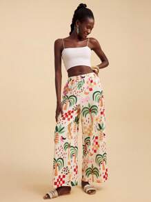 Travachic Vacation Printed Loose Wide Leg Women's Pants Printed Pants Wide Leg Pants Boho Pants Tropical Print Pants Summer Pants Vacation Pants Autumn Winter Summer Spring Beautiful Pants