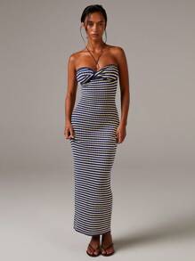 Athîral 女士条纹扭纹设计修身针织筒裙，节日风格，四季，Y2K 风格连衣裙