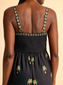 CAJUNI Women's Casual Vacation Black Green Coconut Tree Print Jumpsuit Country Concert Outfit Outfit Bohemian Style Women's Clothing Casual Dresses For Women   Black Dress