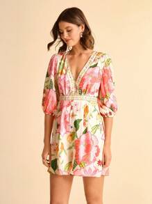 CAJUNI 花卉印花深V领蝙蝠袖女式连体衣-乡村演唱会服装-Hoco Dressses-女士基本款/外出上衣/秋季女装 - 彩色 - 查看 4