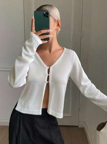 Livesso Cardigan feminino de malha com decote em V, manga comprida, cor sólida, casual, para férias, roupas femininas de outono - Branco - Ver 3