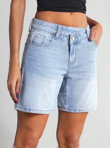 SHEIN Tall 女士休闲水洗不对称腰线牛仔短裤，夏季 - 淺色水洗藍 - 查看 4