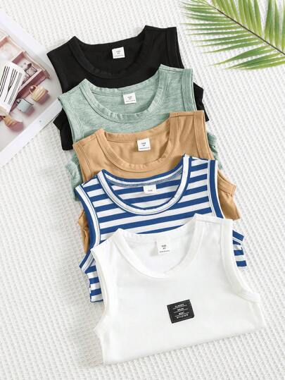 SHEIN Buy 1 Get 4 Free,Young Boy 5pcs/Set Comfortable Letter Patched Casual Tank Top,Suitable For Outdoor Activities, School,Home Leisure And Professional Sports