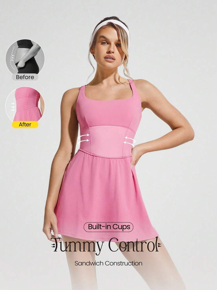 Quick-Dry Sweat-Wicking Built-In Cups Square-Neck Dress With Built-In Shorts Side Pockets Non-Slip Grips Tennis Golf Gym Daily Casual