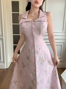 Modelyn 女士时尚浪漫花卉印花长裙 - 粉色 - 查看 7