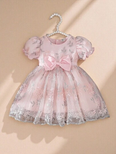 Souflis Souflis Baby Girl Vårrosa Lyxig Söt stil Fluffigt Tylltyg Rundhals Öppningsbar midjebåge Dekor Utsvängd klänning Klänning, lämplig för fest och sammankomst