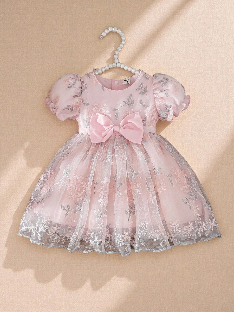 Souflis Souflis 女婴春季粉色奢华可爱风格蓬松薄纱面料圆领可开腰蝴蝶结装饰喇叭裙连衣裙，适合派对和聚会 - 粉色 - 查看 1