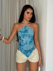 Glamine Women's Sexy Backless Halter Neck Vacation Beach Top With Glitter & Bead Decor, Summer Blue Sequin Top Sequin Top Women Blue Sparkly Top Bling Top Rhinestone Top Halloween Rhinestone Shirt, Christmas