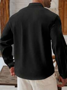 Genlund 大码男士休闲纽扣长袖衬衫，简约日常穿着 - 黑色 - 查看 2