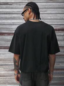 AXEPEAK 男士夏季休闲街头时尚钻石字母西部牛仔图案落肩宽松黑色 T 恤 - 黑色 - 查看 2