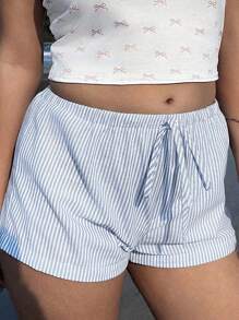 大码女式条纹系腰宽松休闲百搭短裤 - 藍色 - 查看 2
