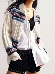 Bohemela 费尔岛针织复古纽扣宽松开衫 - 杏色 - 查看 10