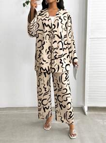 SHEIN Lady Beige,Autumn,Chic,Vacation Women's Two-Piece Set Elegant Printed Tie Front Long Cardigan Jacket&Wide Leg Pants Suit Old Money Style Business Casual - Apricot - View 3