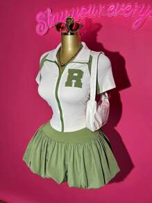 Slaydiva Bộ trang phục 2 món: Áo thun khóa kéo màu hip-hop dễ thương phong cách đường phố thường ngày Y2K mùa xuân/hè 2025 + Chân váy bồng bềnh, thích hợp cho lễ Phục sinh, lễ hội âm nhạc, hàng ngày, tiệc tùng, giáng sinh, ngày lễ tình nhân, hẹn hò, bãi biển, du ngoạn, lễ hội hóa trang - màu xanh lá - Xem 2