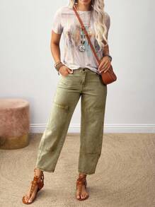 SHEIN Tall Women's Casual Pockets Tapered Waist Versatile Jeans - Army Green - View 3