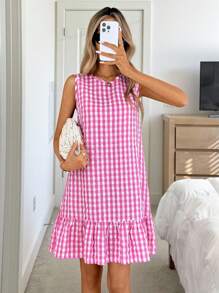 Easowa Women's Summer Bohemian Style Bicolor Gingham Round Neck Sleeveless A-Line Holiday Dress, Vacation Dress, Essential Sundress For Outdoor & Everyday Wear 4th Of July Women Outfits Teacher Outfits Boho Women Clothing Gingham Dress Picnic Dress Preppy Dress Pink Gingham Dress Summer Dress Pink Summer Dress Casual Summer Dress Back To School