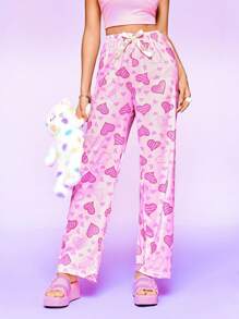 SHEIN Women's Heart Print Bow Decor Lounge Pants Sleepwear Nightwear, Fall - Pink - View 1