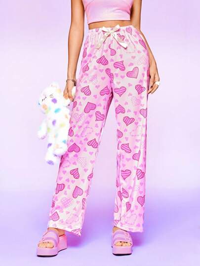 NotGurli Women's Heart Print Bow Decor Lounge Pants Sleepwear Nightwear, Fall