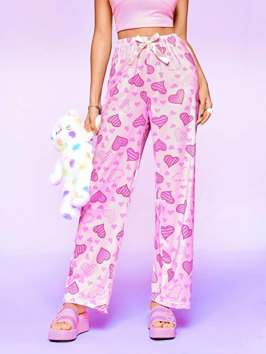 SHEIN Women's Heart Print Bow Decor Lounge Pants Sleepwear Nightwear, Fall - Pink - View 1
